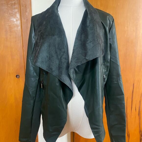 Escalier NWT Dark Green Vegan Leather & Suede Open Drape Collar Jacket Moto - Picture 1 of 15